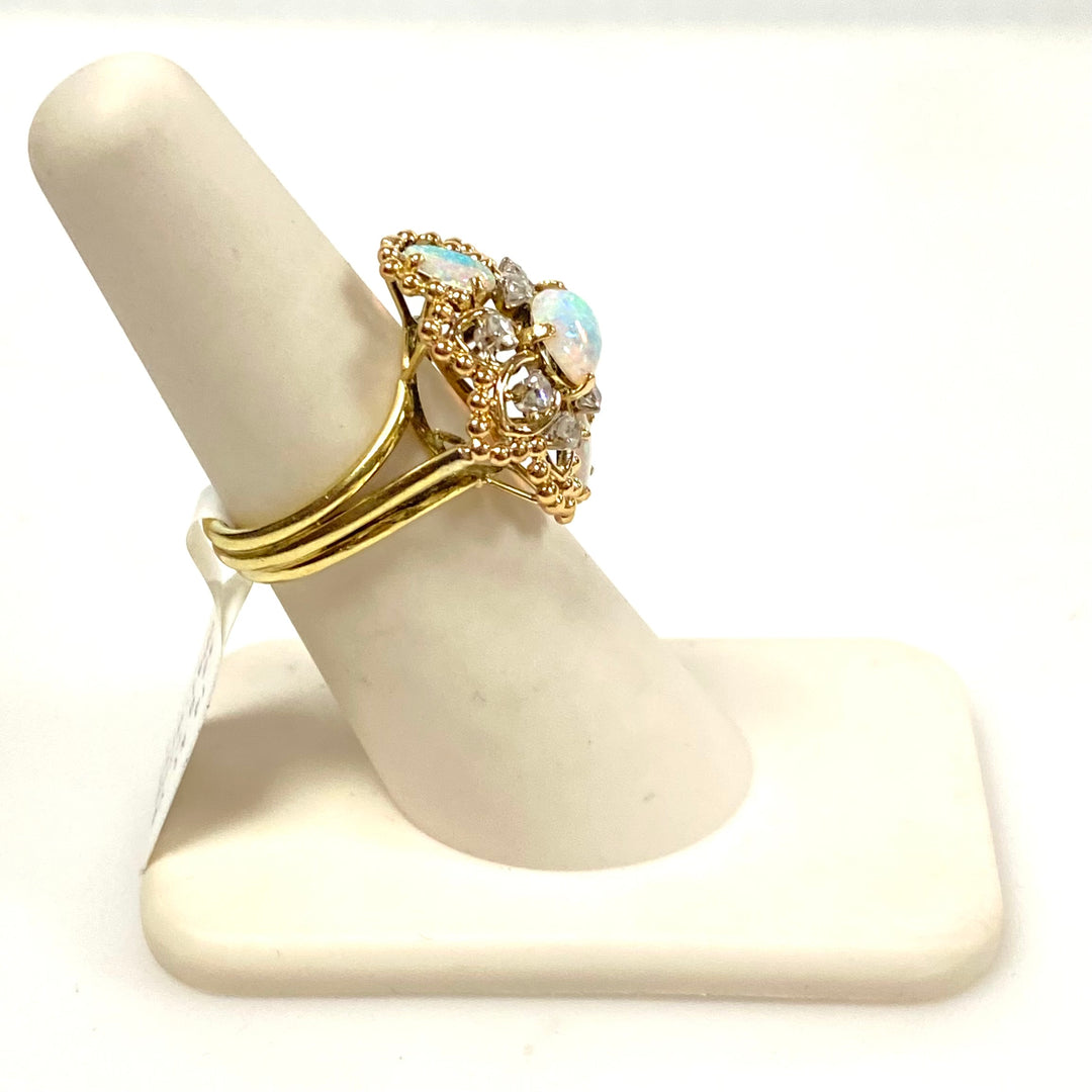 v633 Vintage 14k Yellow Gold Blue Opal Diamond 0.40cts Cluster Statement Ring Size 6