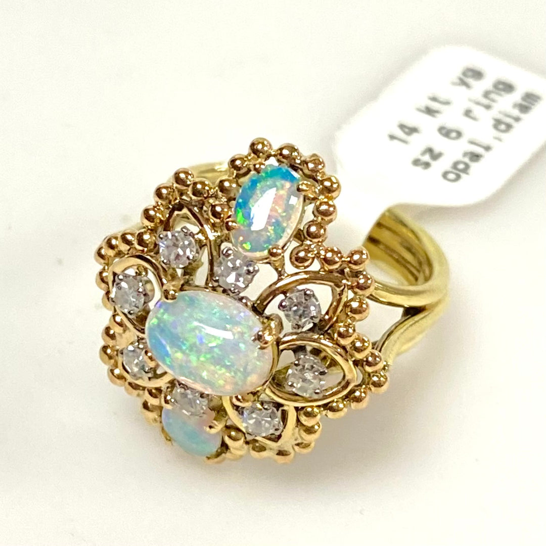 v633 Vintage 14k Yellow Gold Blue Opal Diamond 0.40cts Cluster Statement Ring Size 6