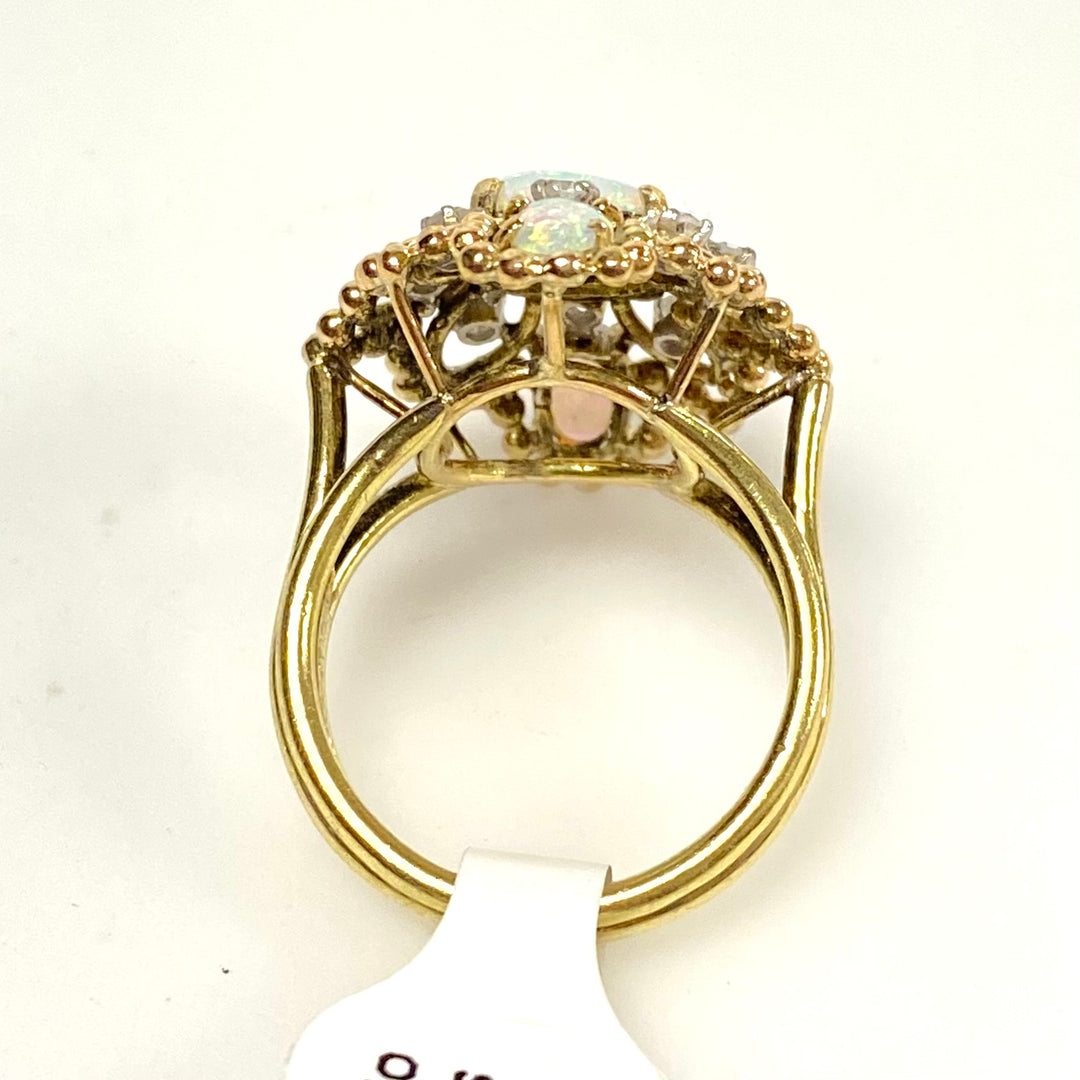 v633 Vintage 14k Yellow Gold Blue Opal Diamond 0.40cts Cluster Statement Ring Size 6
