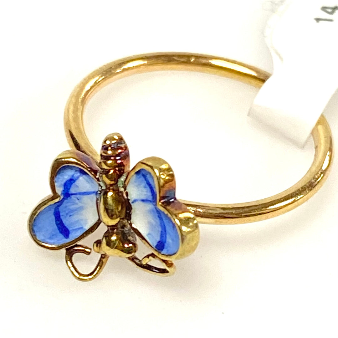 v634 Vintage 14k Yellow Gold Hand Painted Enamel Butterfly Design Ring Size 7