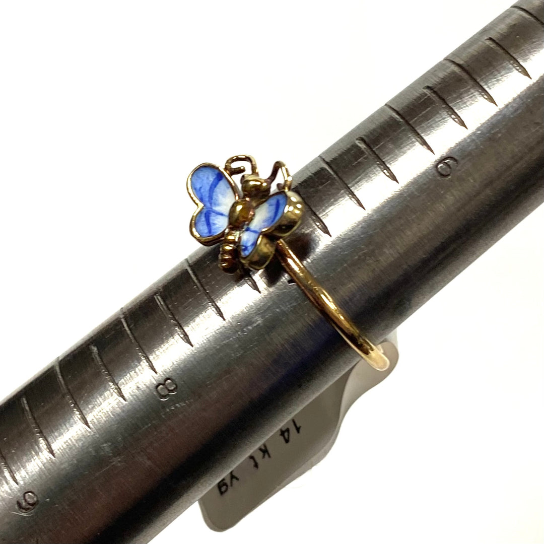 v634 Vintage 14k Yellow Gold Hand Painted Enamel Butterfly Design Ring Size 7