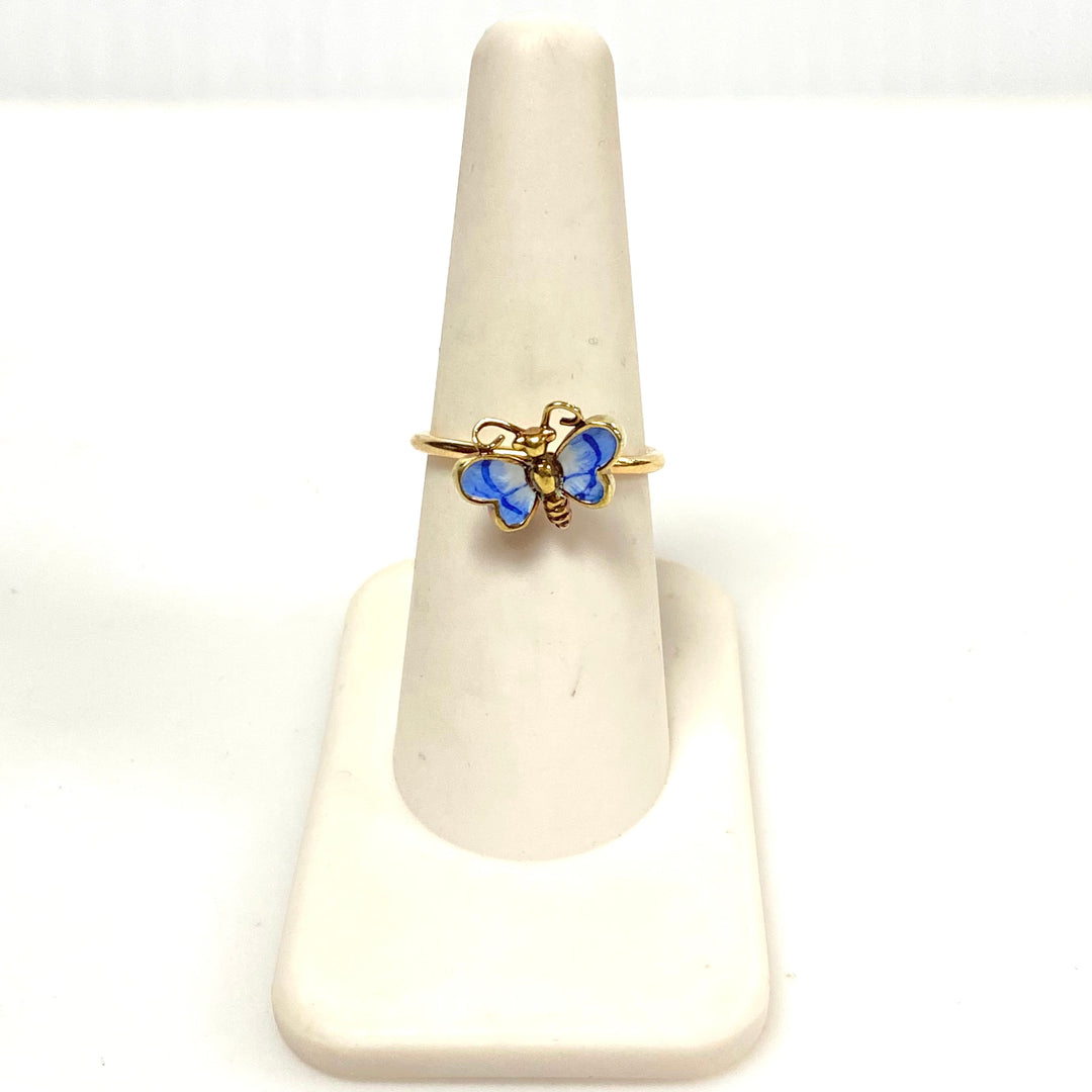 v634 Vintage 14k Yellow Gold Hand Painted Enamel Butterfly Design Ring Size 7