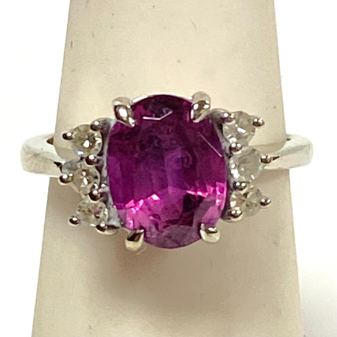 v635 Vintage 14k White Gold Prominent Pink & White Gemstone Ring Size 4.25