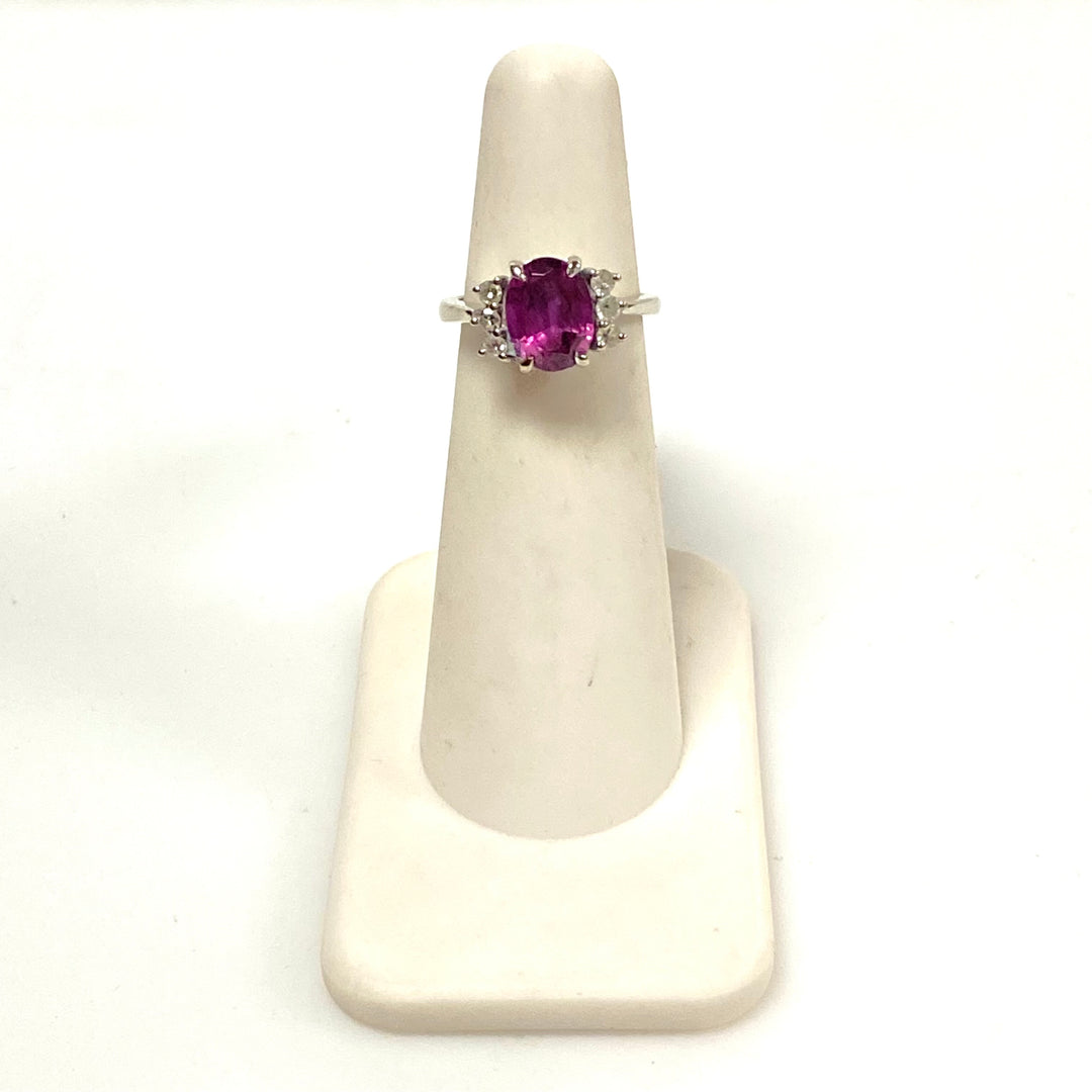 v635 Vintage 14k White Gold Prominent Pink & White Gemstone Ring Size 4.25