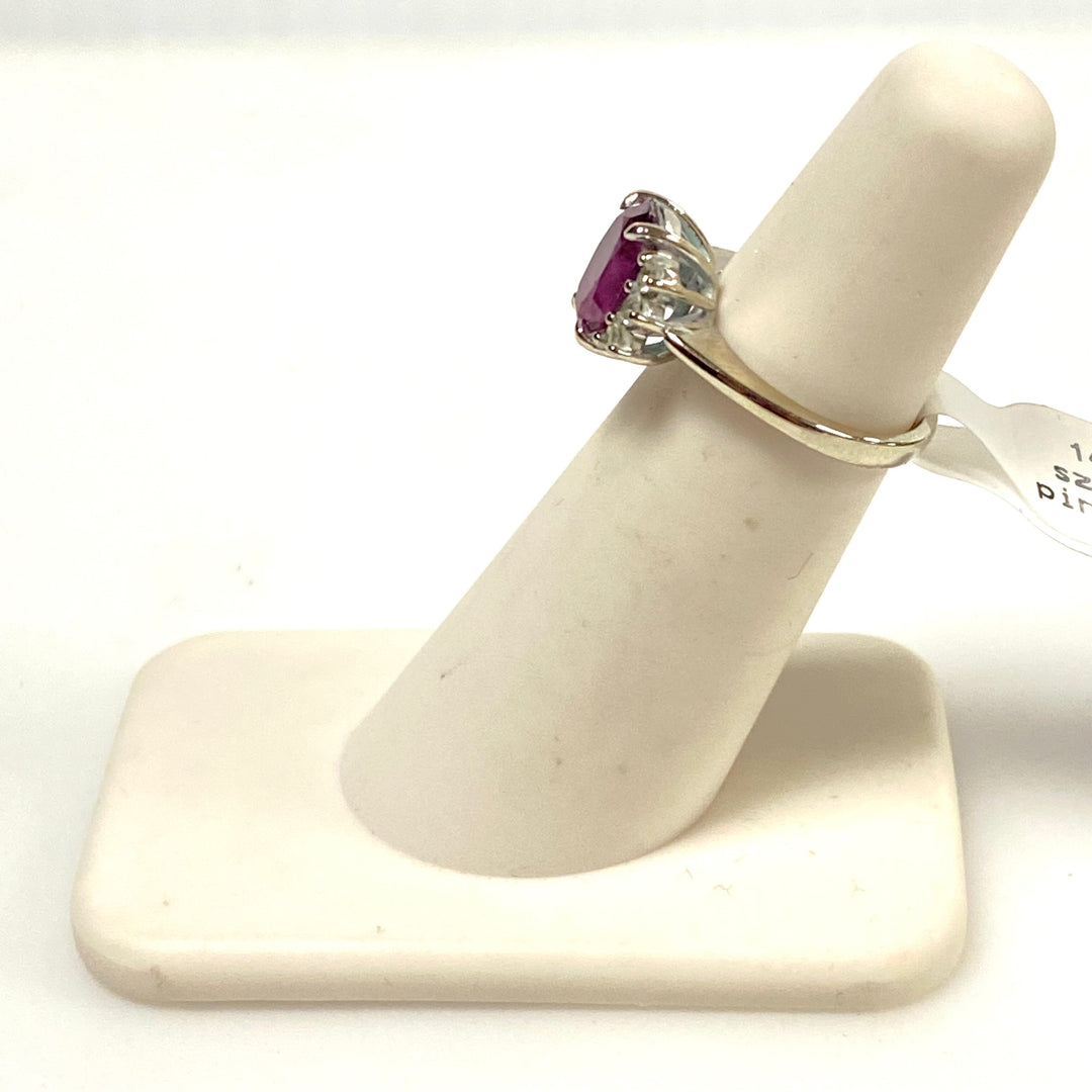 v635 Vintage 14k White Gold Prominent Pink & White Gemstone Ring Size 4.25