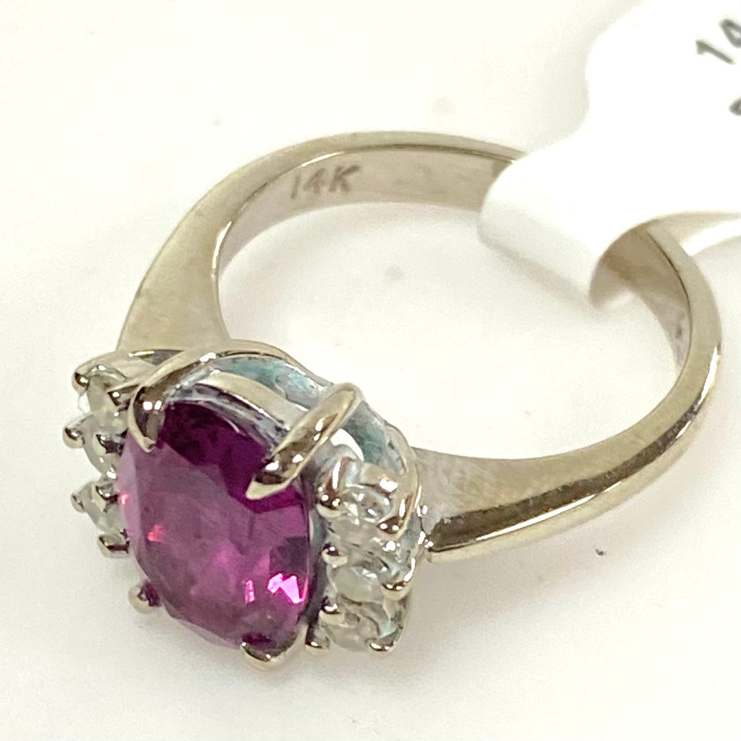 v635 Vintage 14k White Gold Prominent Pink & White Gemstone Ring Size 4.25