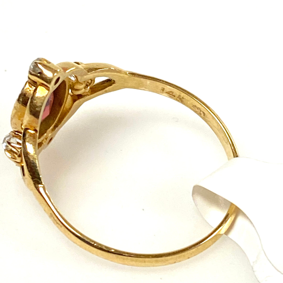 v638 Vintage 14k Yellow Gold Oval Garnet & White Gemstone Ring Size 8.75