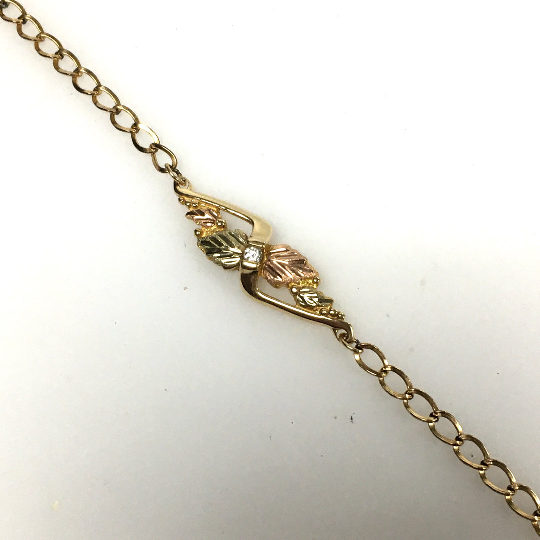 v649 Vintage 14k Yellow Gold Link Diamond Bracelet 7.75" Long Two-tone Leaves