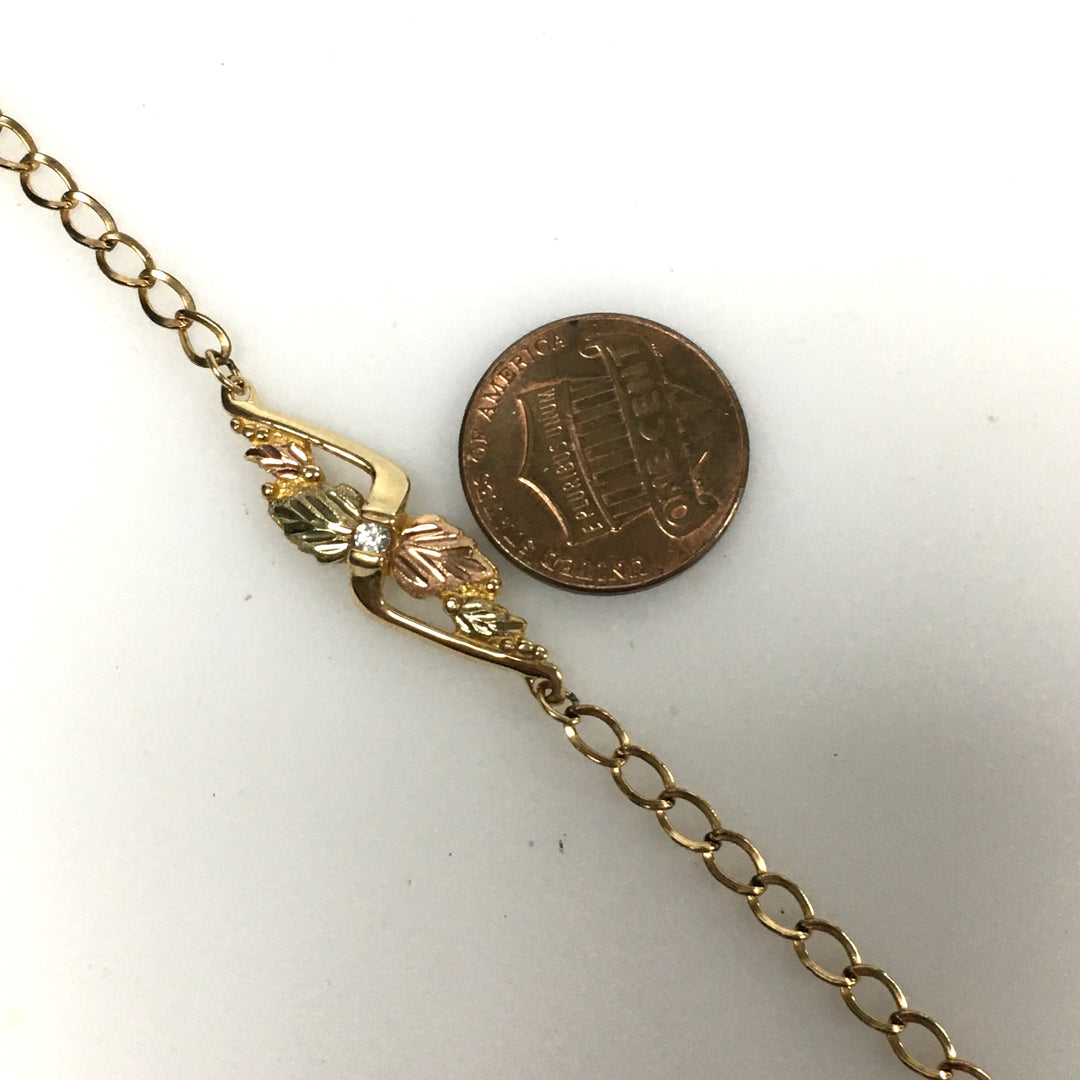 v649 Vintage 14k Yellow Gold Link Diamond Bracelet 7.75" Long Two-tone Leaves