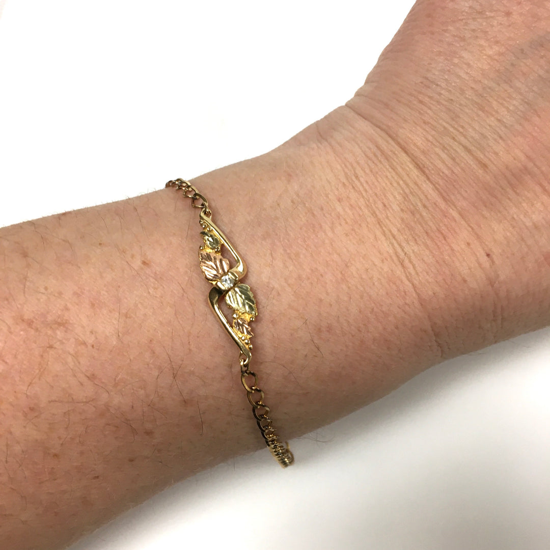 v649 Vintage 14k Yellow Gold Link Diamond Bracelet 7.75" Long Two-tone Leaves