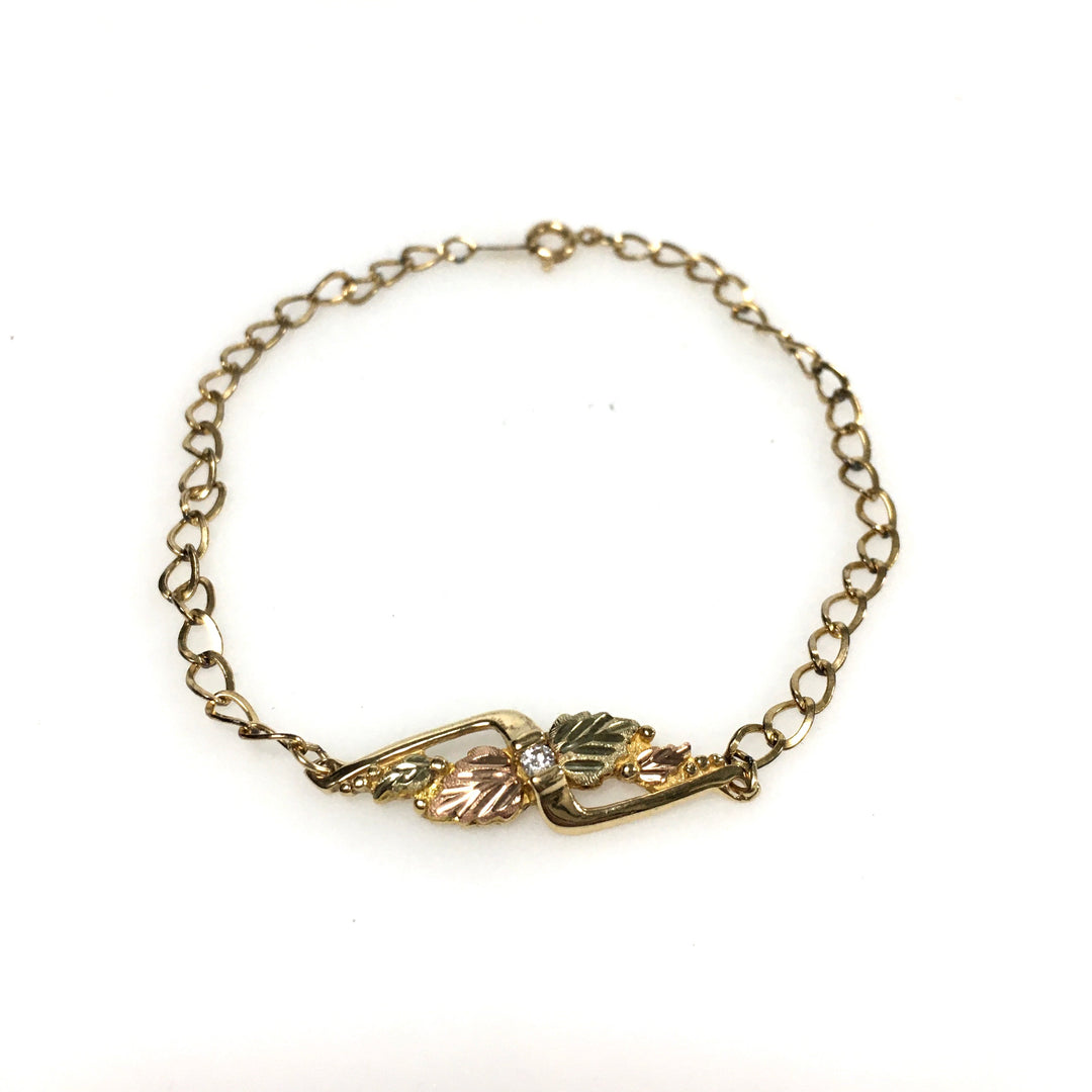 v649 Vintage 14k Yellow Gold Link Diamond Bracelet 7.75" Long Two-tone Leaves