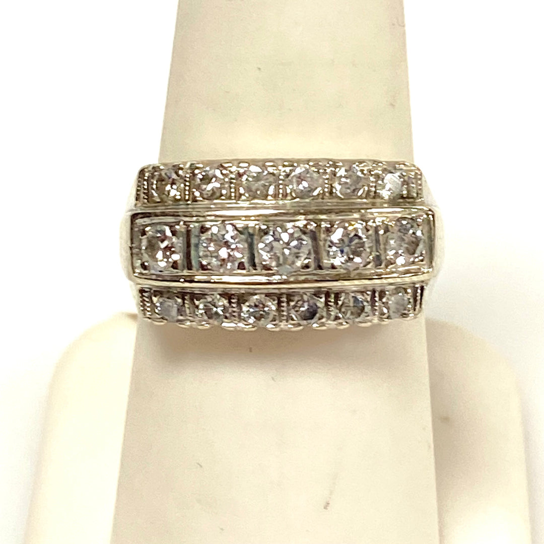v654 Vintage 14k White Gold Three-row Diamonds 0.8cts 10mm Band Ring Size 7.75