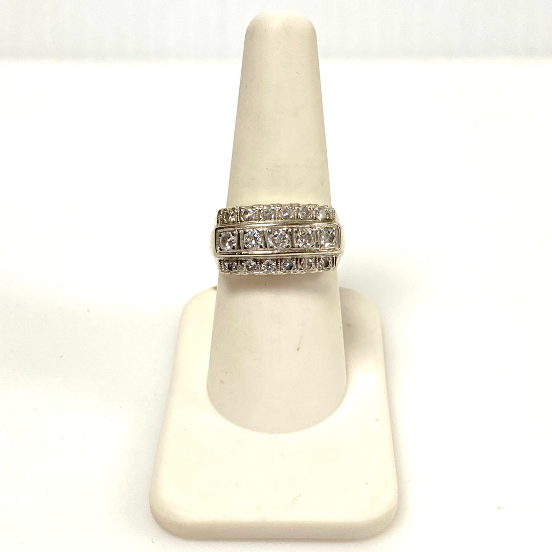 v654 Vintage 14k White Gold Three-row Diamonds 0.8cts 10mm Band Ring Size 7.75