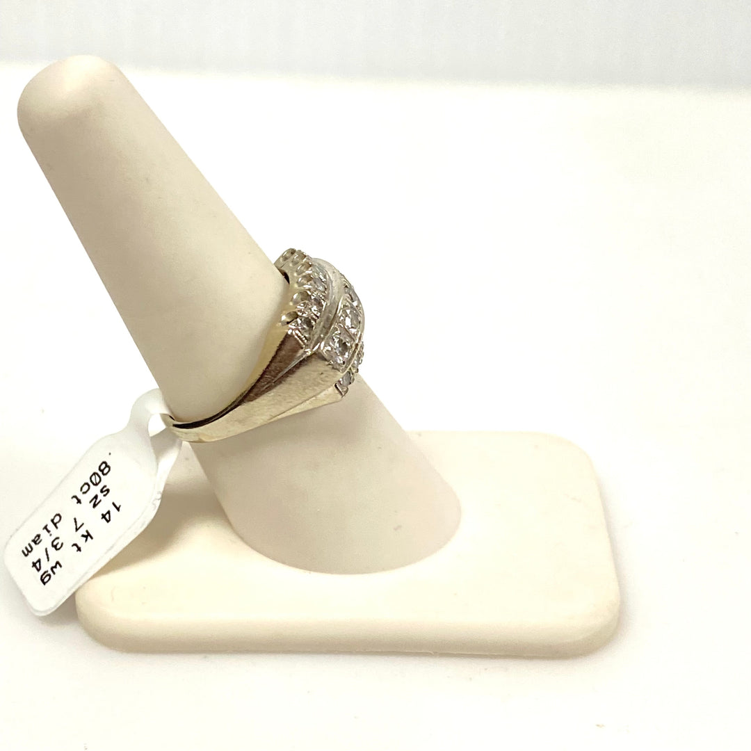 v654 Vintage 14k White Gold Three-row Diamonds 0.8cts 10mm Band Ring Size 7.75