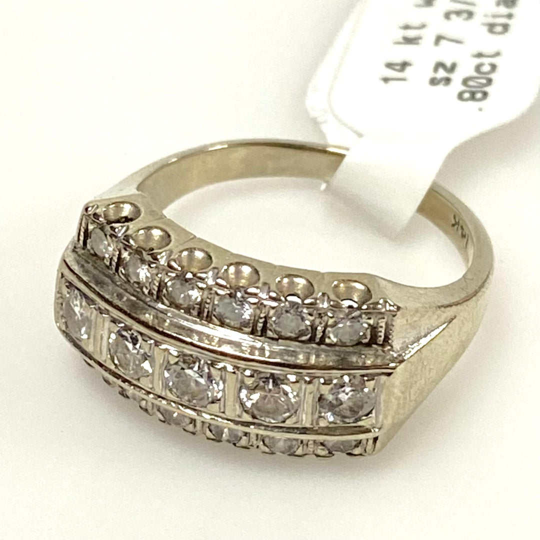 v654 Vintage 14k White Gold Three-row Diamonds 0.8cts 10mm Band Ring Size 7.75