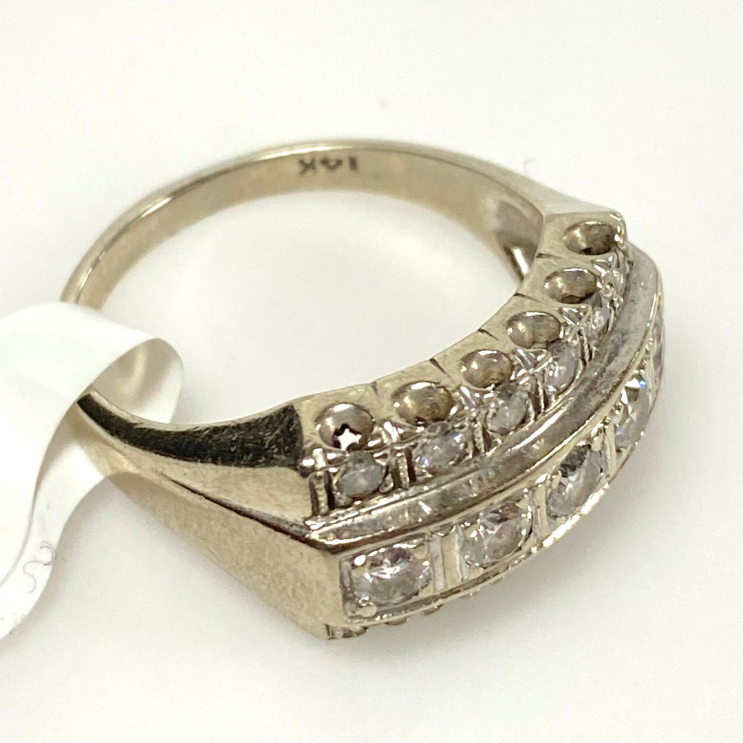 v654 Vintage 14k White Gold Three-row Diamonds 0.8cts 10mm Band Ring Size 7.75