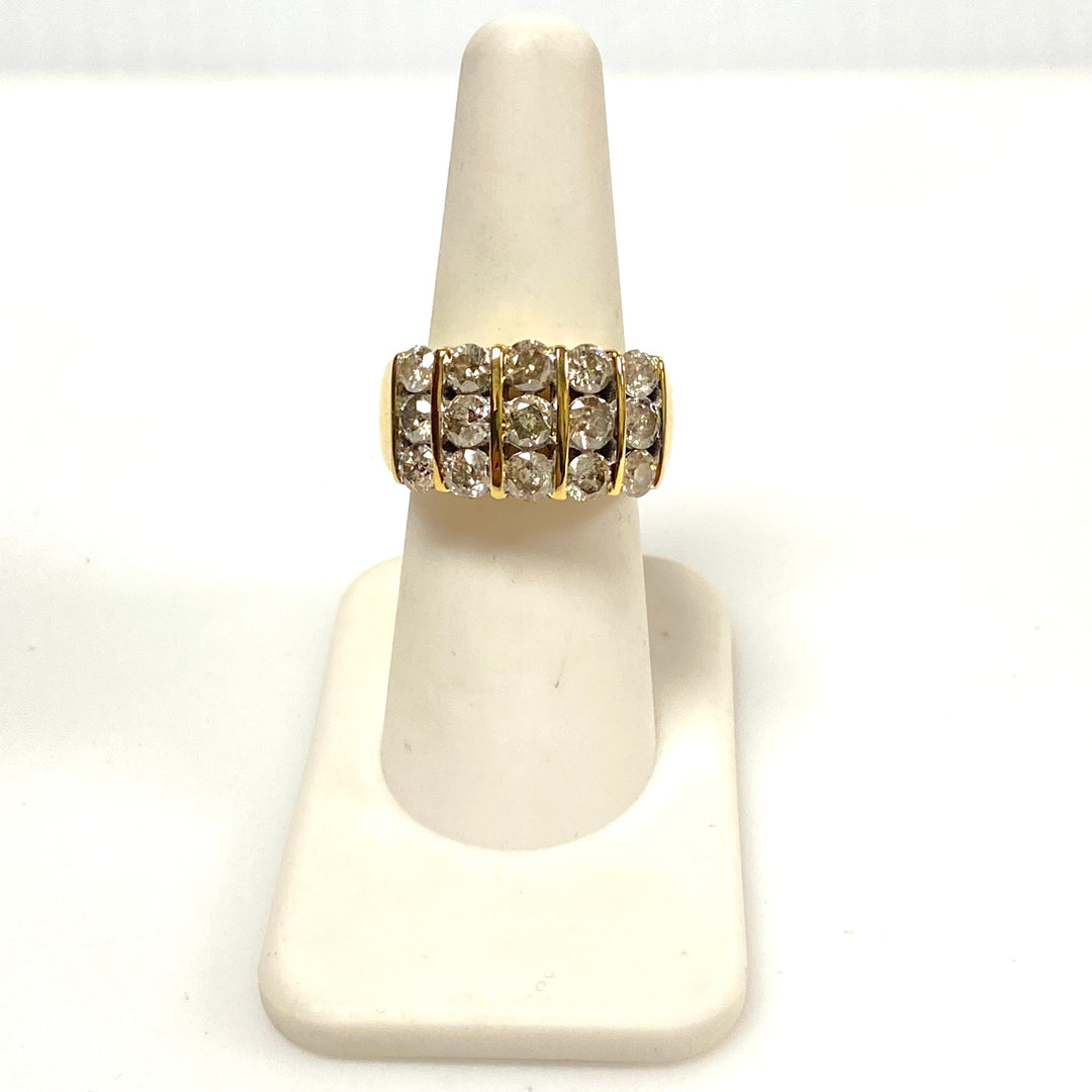 v655 Vintage 10k Yellow Gold Three-row Diamonds 5cts 12mm Wide Band Ring Size 7