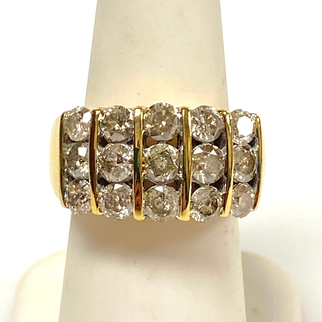 v655 Vintage 10k Yellow Gold Three-row Diamonds 5cts 12mm Wide Band Ring Size 7