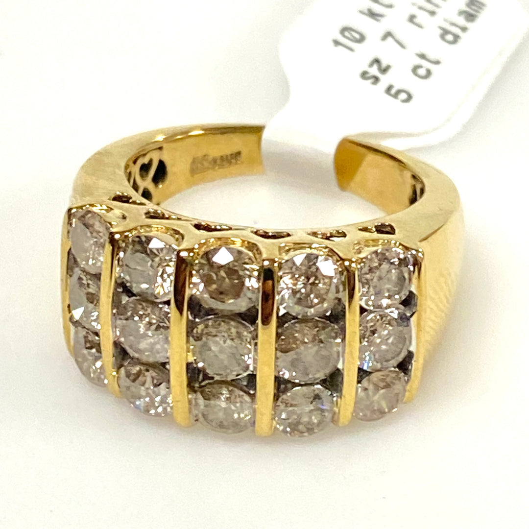 v655 Vintage 10k Yellow Gold Three-row Diamonds 5cts 12mm Wide Band Ring Size 7