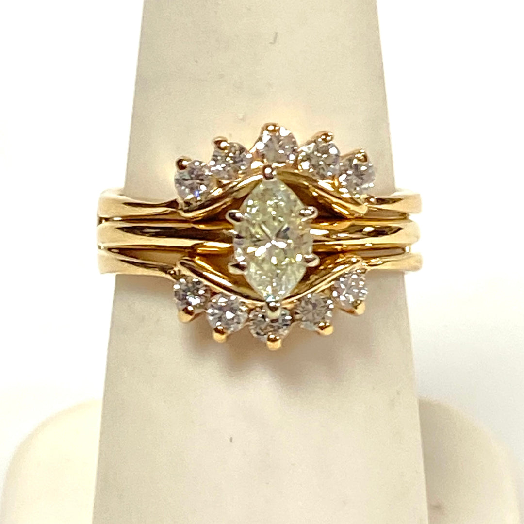 v660 Vintage 14k Yellow Gold Marquise Cut 1cts Diamond Wedding 3-band Ring 6.75