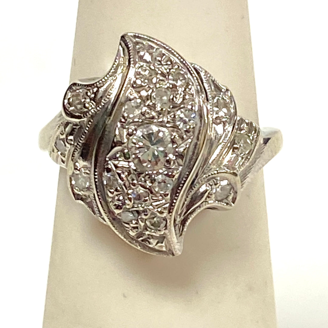 v663 Vintage 14k White Gold Bypass Design 0.25cts Diamond Cocktail Ring Size 4.25