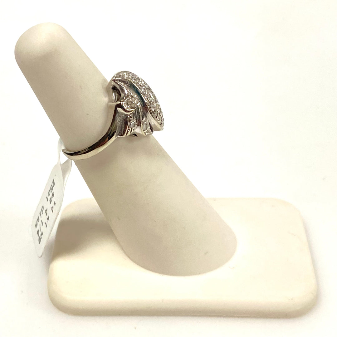 v663 Vintage 14k White Gold Bypass Design 0.25cts Diamond Cocktail Ring Size 4.25