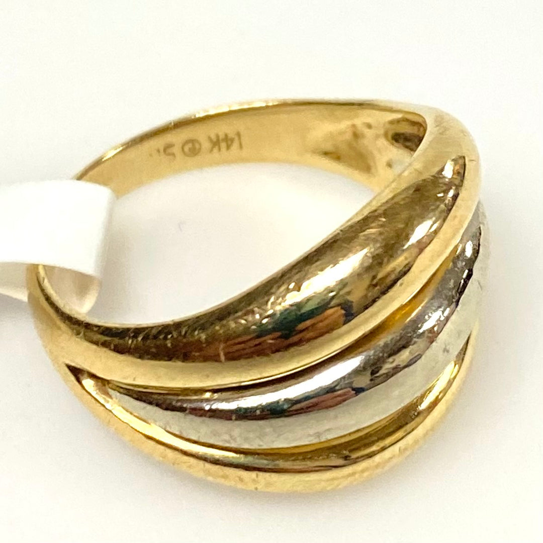 v668 Vintage 14k Two-tone Yellow White Gold Domed Cigar Multi-band Ring Sz 5.25