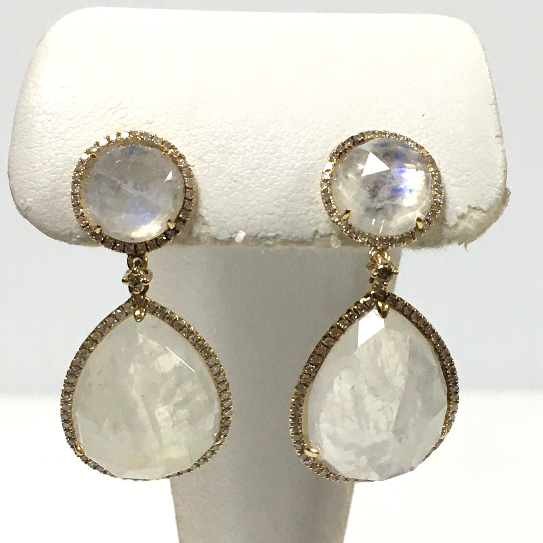 v669 Vintage 14k Moonstone White Stones Screw-back Drop Dangle Earrings
