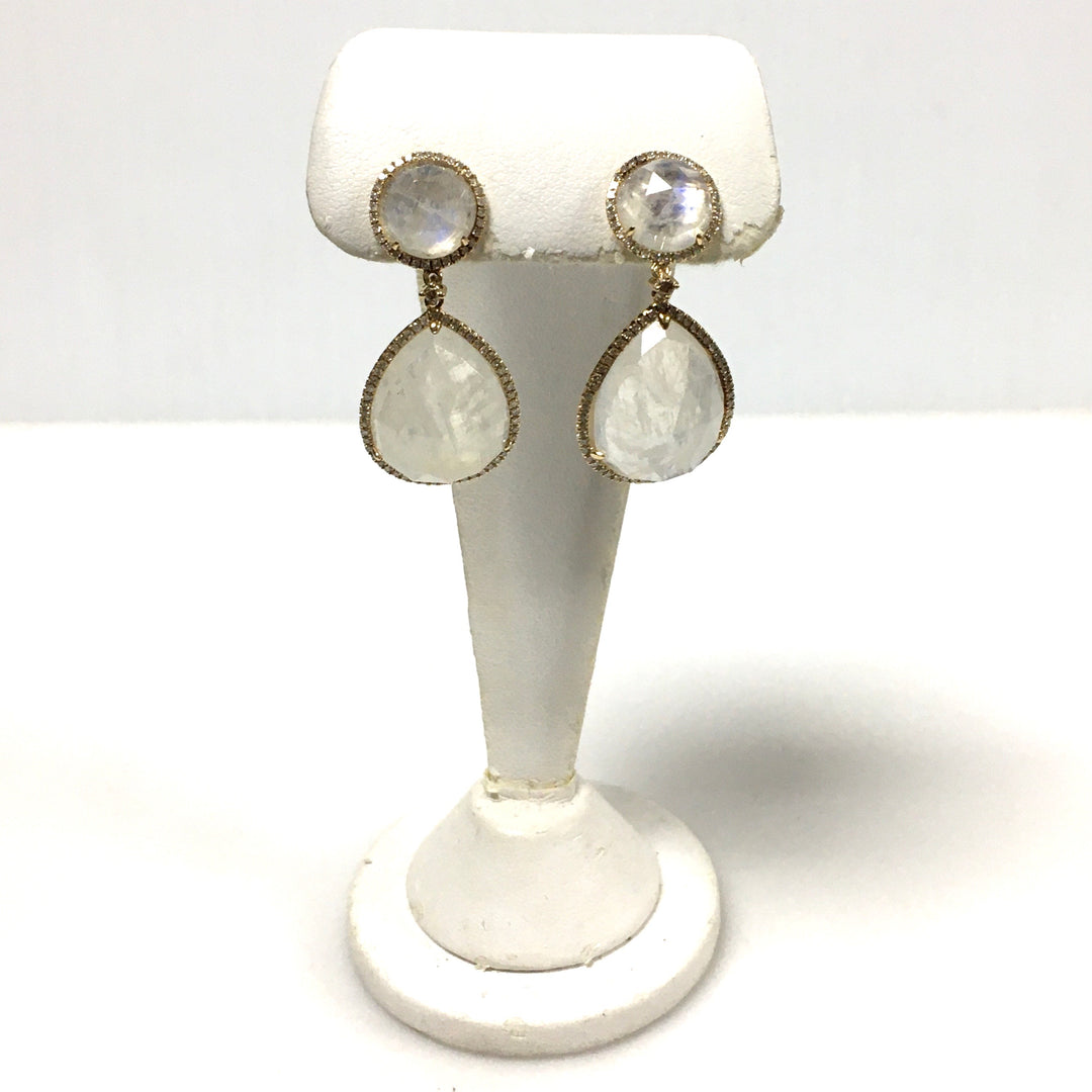 v669 Vintage 14k Moonstone White Stones Screw-back Drop Dangle Earrings
