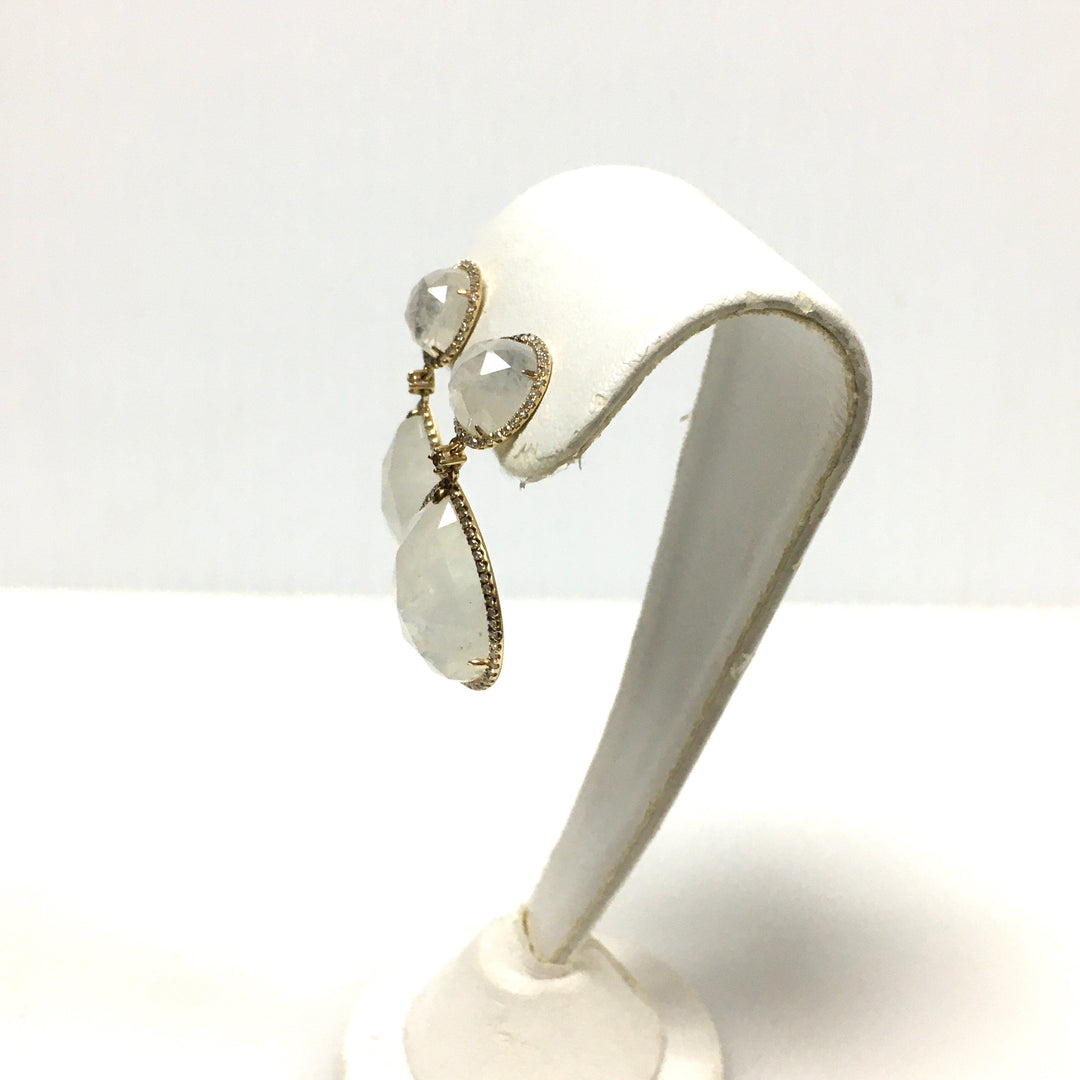 v669 Vintage 14k Moonstone White Stones Screw-back Drop Dangle Earrings