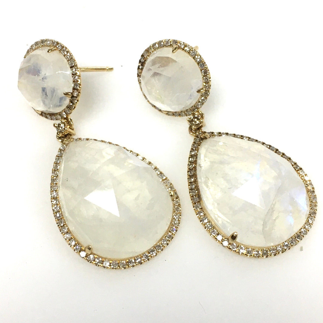 v669 Vintage 14k Moonstone White Stones Screw-back Drop Dangle Earrings