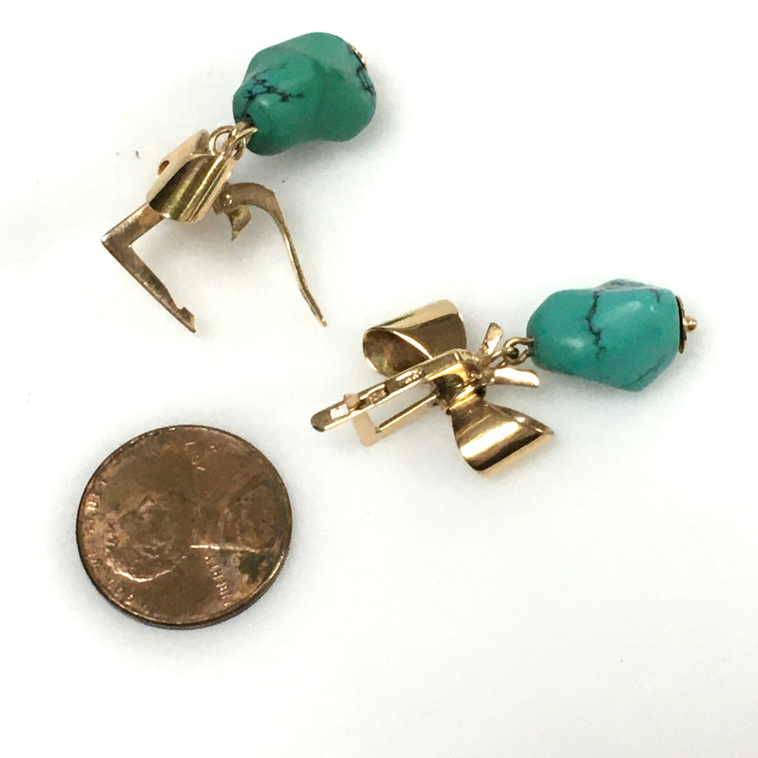 v671 Vintage 14k Rose Gold Bow Turquoise Nugget Pierced Drop Dangle Earrings