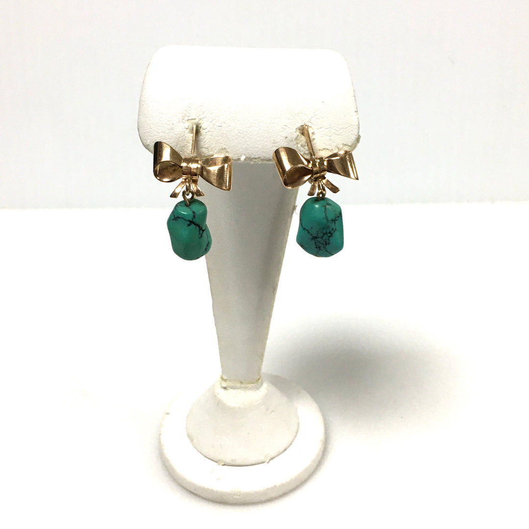 v671 Vintage 14k Rose Gold Bow Turquoise Nugget Pierced Drop Dangle Earrings