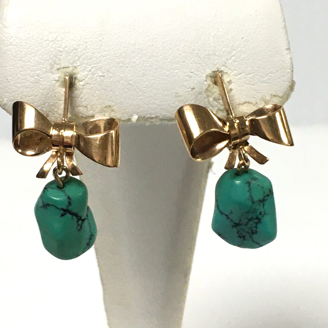 v671 Vintage 14k Rose Gold Bow Turquoise Nugget Pierced Drop Dangle Earrings