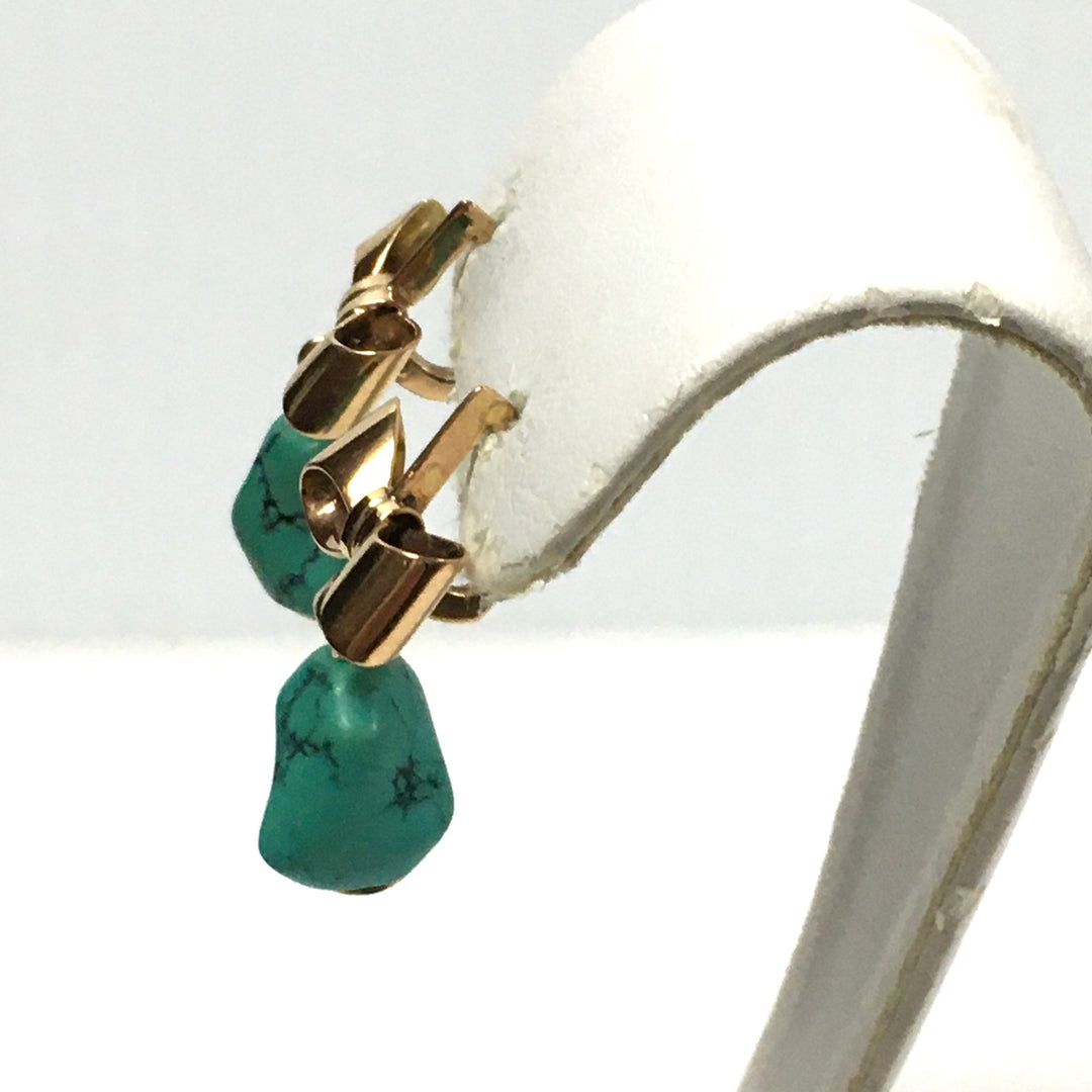 v671 Vintage 14k Rose Gold Bow Turquoise Nugget Pierced Drop Dangle Earrings