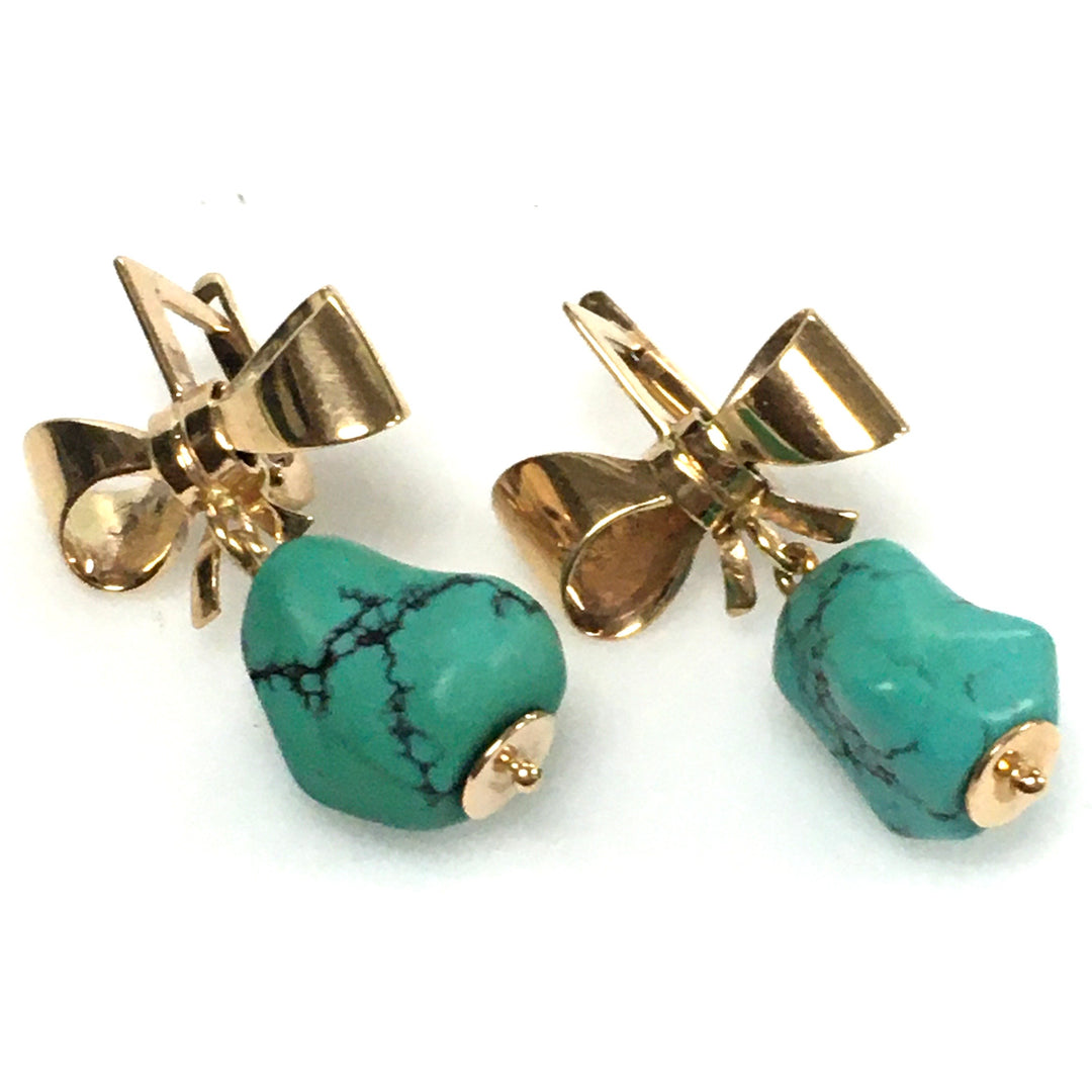 v671 Vintage 14k Rose Gold Bow Turquoise Nugget Pierced Drop Dangle Earrings