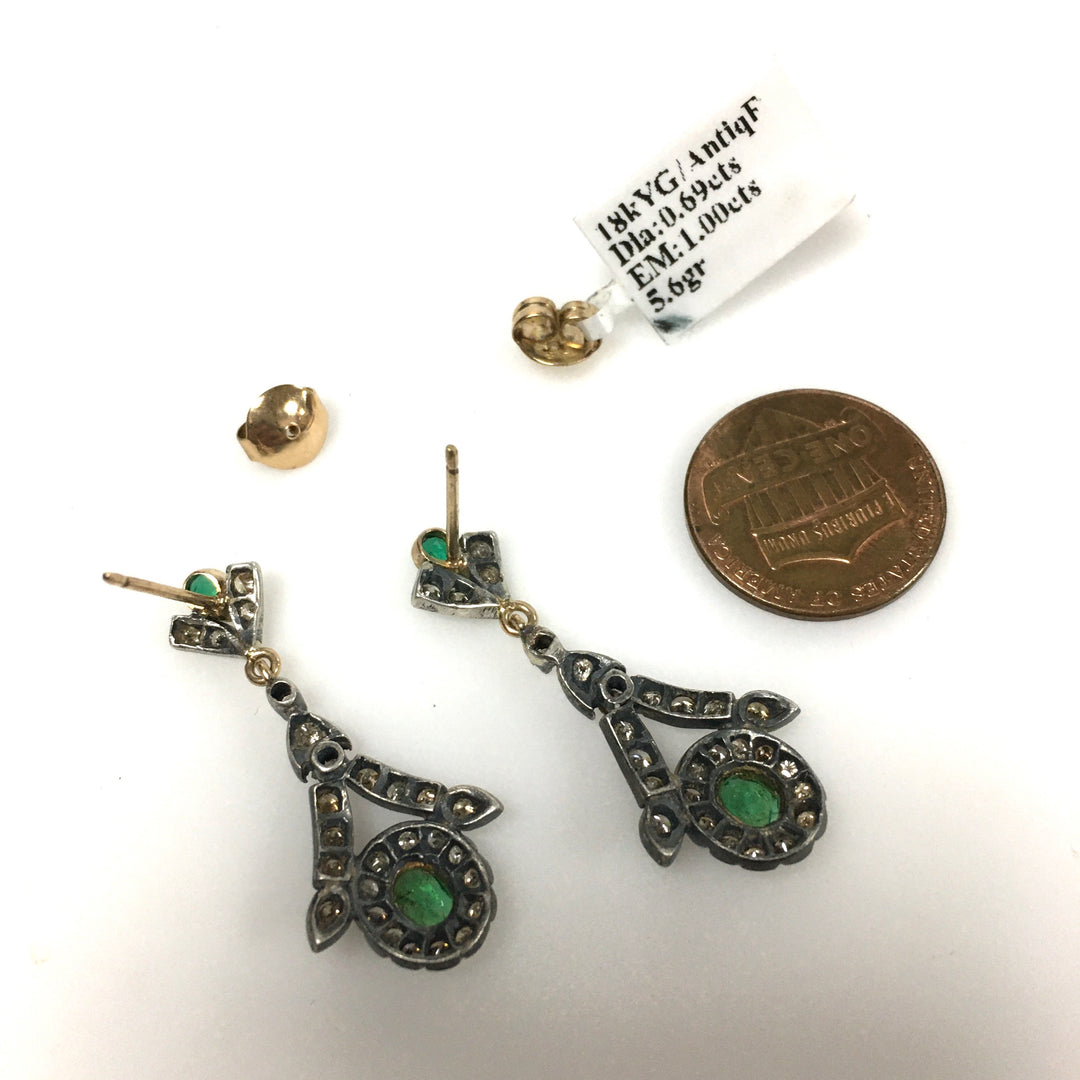 v673 Vintage 18k Yellow White Gold Diamond Emerald Pierced Drop Dangle Earrings