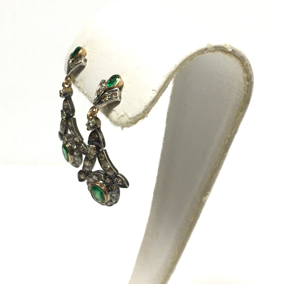 v673 Vintage 18k Yellow White Gold Diamond Emerald Pierced Drop Dangle Earrings