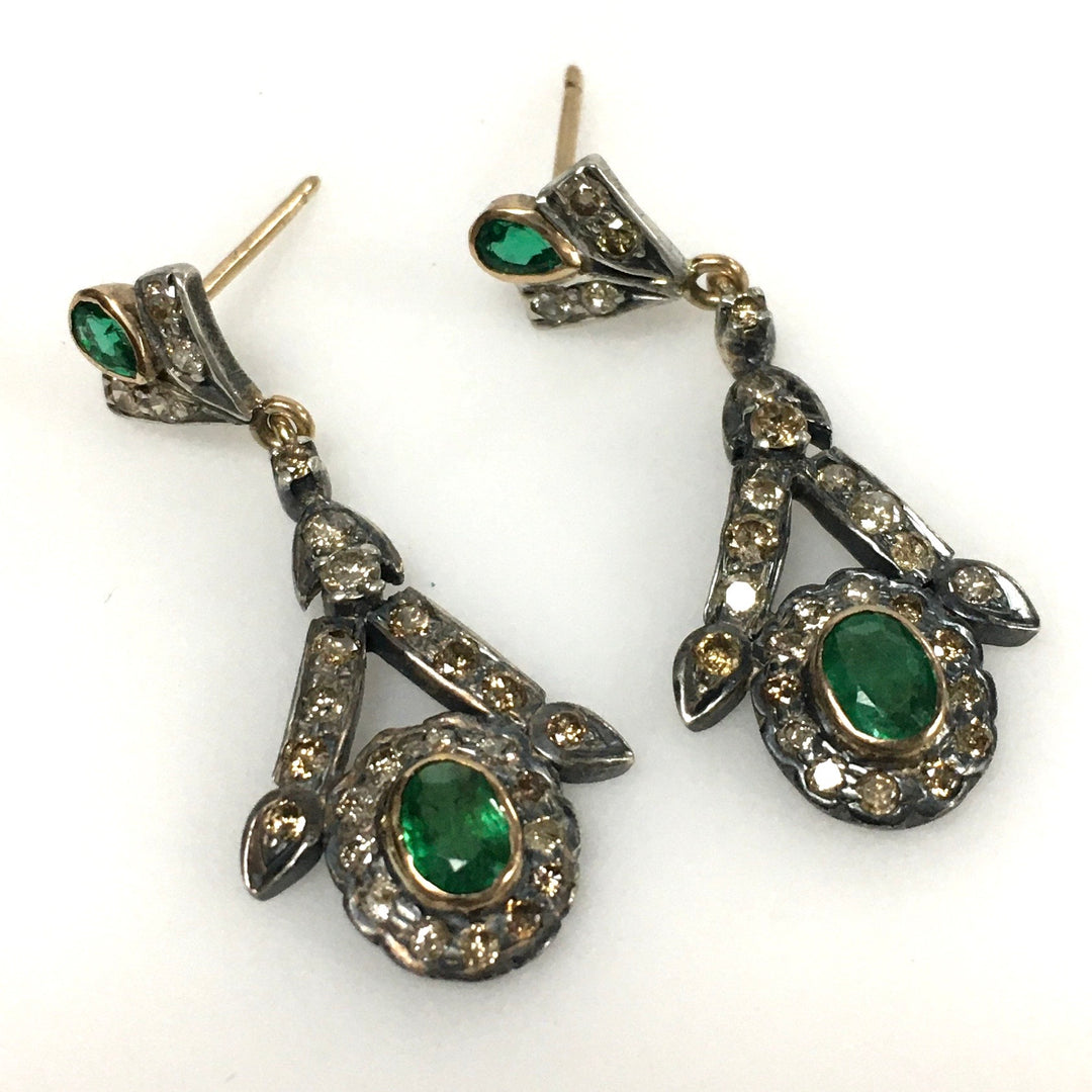 v673 Vintage 18k Yellow White Gold Diamond Emerald Pierced Drop Dangle Earrings