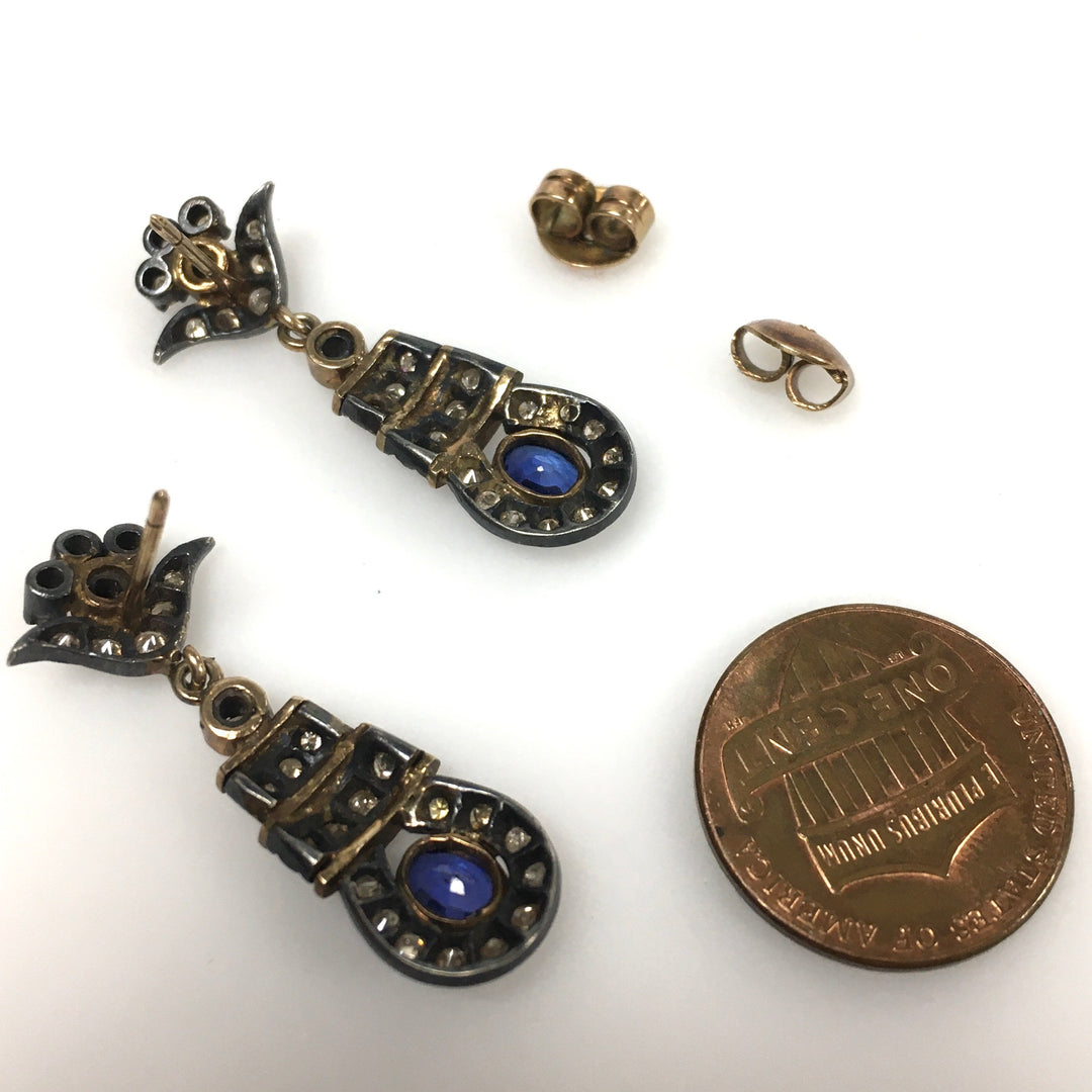 v674 Vintage 18k Yellow White Gold Diamond Sapphire Pierced Drop Dangle Earrings