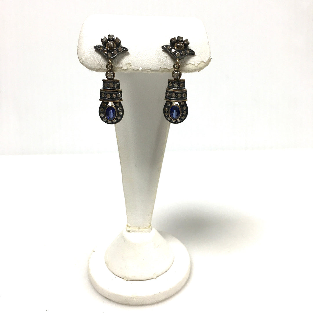 v674 Vintage 18k Yellow White Gold Diamond Sapphire Pierced Drop Dangle Earrings