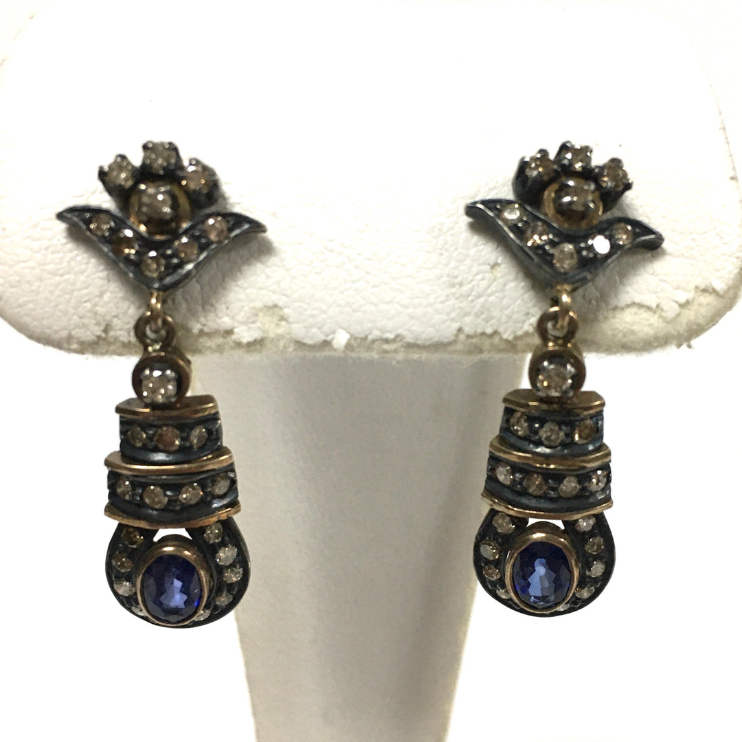 v674 Vintage 18k Yellow White Gold Diamond Sapphire Pierced Drop Dangle Earrings