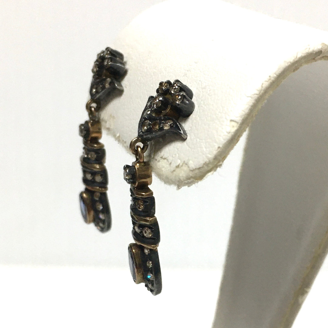 v674 Vintage 18k Yellow White Gold Diamond Sapphire Pierced Drop Dangle Earrings