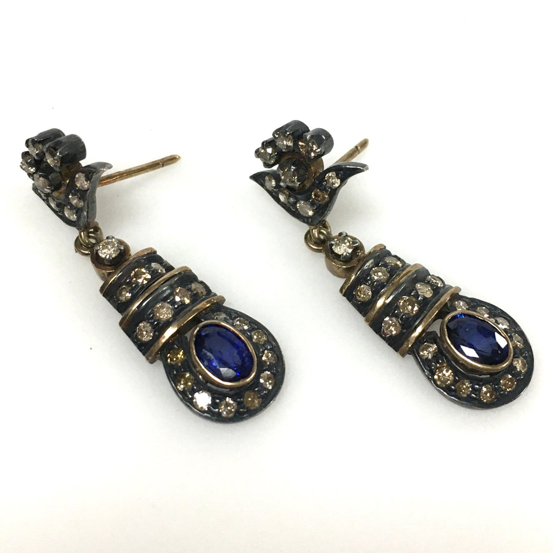 v674 Vintage 18k Yellow White Gold Diamond Sapphire Pierced Drop Dangle Earrings