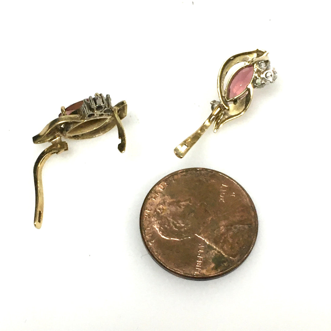 v675 Vintage 18k Yellow Gold Pierced Pink & White Gemstones Earrings