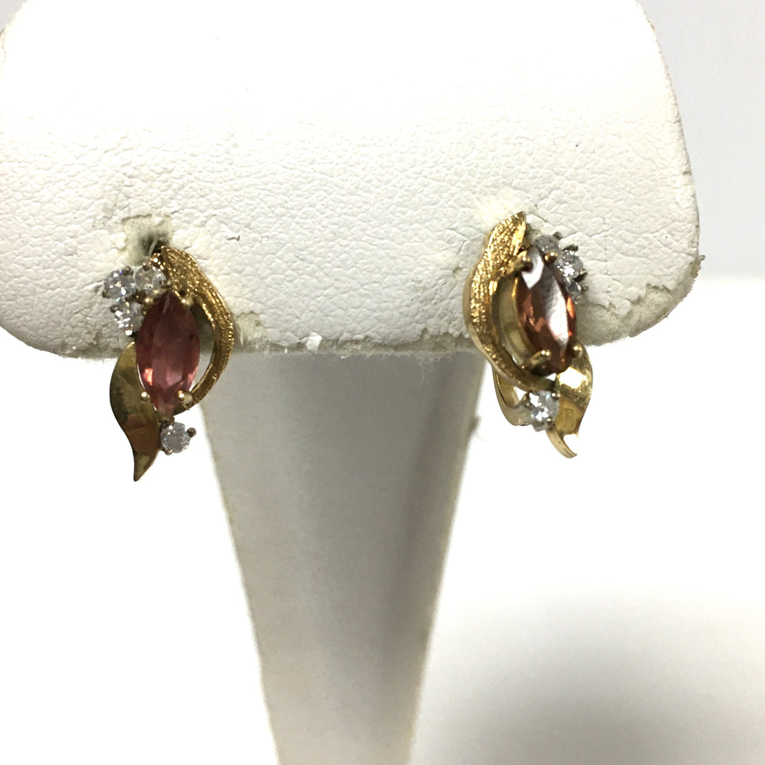v675 Vintage 18k Yellow Gold Pierced Pink & White Gemstones Earrings