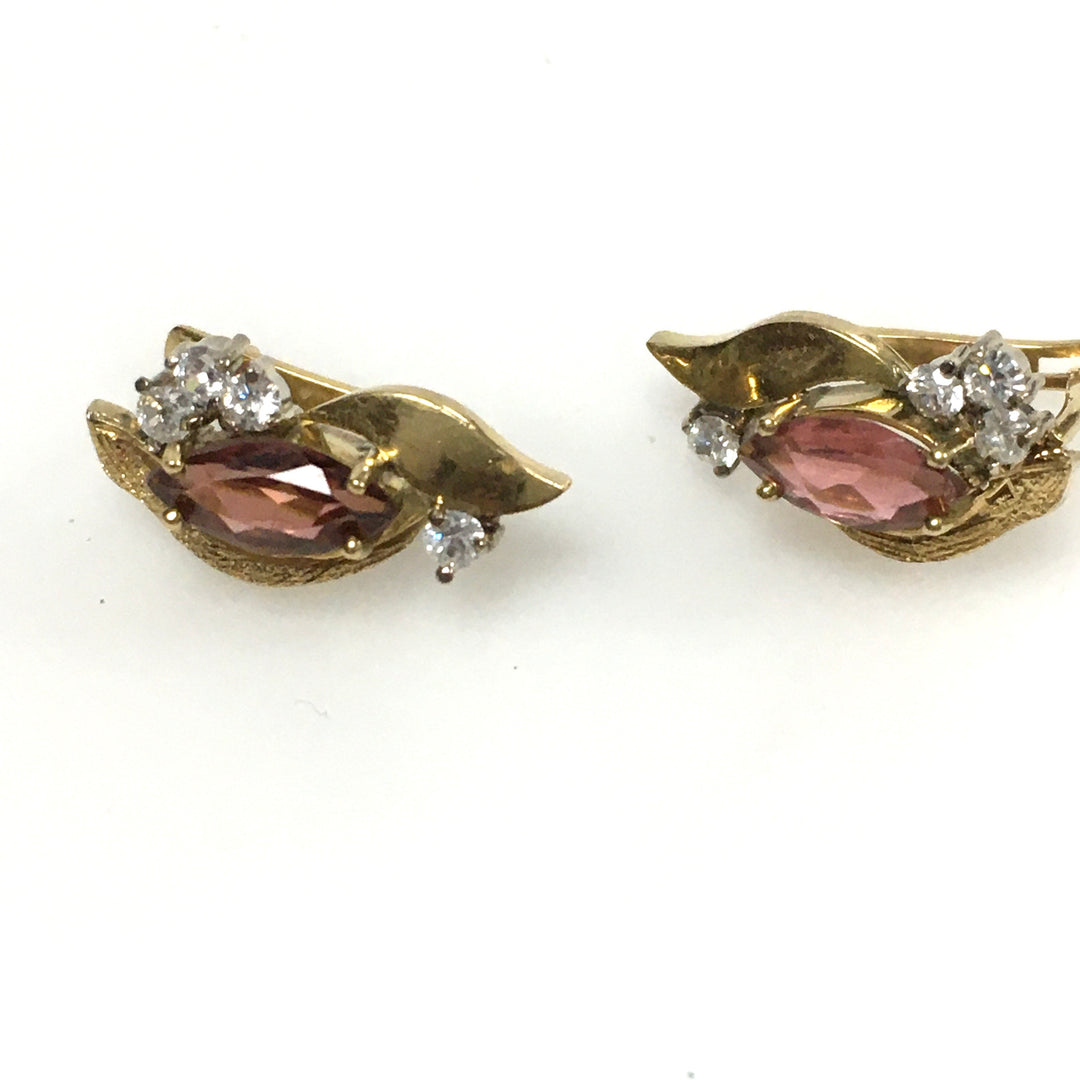 v675 Vintage 18k Yellow Gold Pierced Pink & White Gemstones Earrings