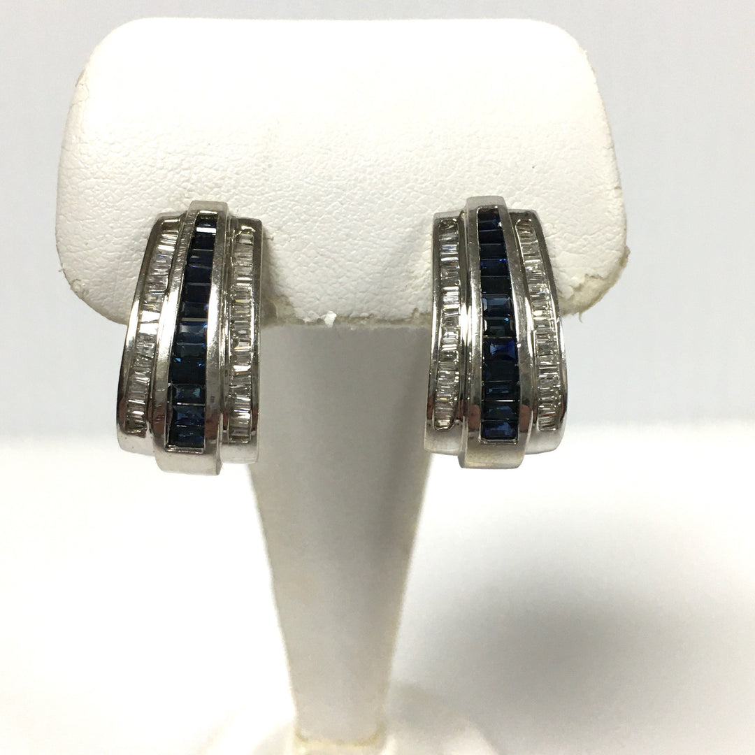 v676 Vintage 14k White Gold Diamond Sapphire Channel-set Hoop or Huggie Earrings