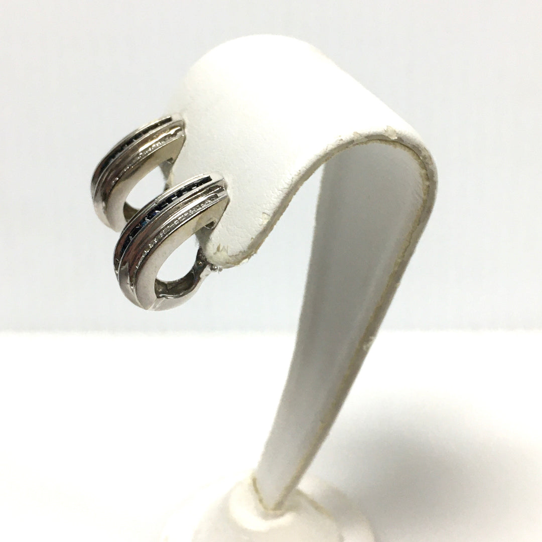 v676 Vintage 14k White Gold Diamond Sapphire Channel-set Hoop or Huggie Earrings