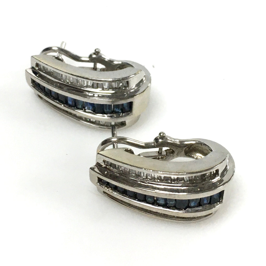 v676 Vintage 14k White Gold Diamond Sapphire Channel-set Hoop or Huggie Earrings